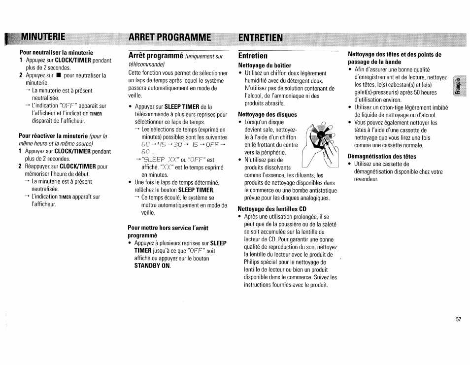 Minuterie, Arret programme, Entretien | Pour neutraliser la minuterie, Pour mettre hors service l'arrêt, Nettoyage des têtes et des points de, Arrêt programmé, Minuterie arret programme entretien | Philips FW890P37 User Manual | Page 57 / 88