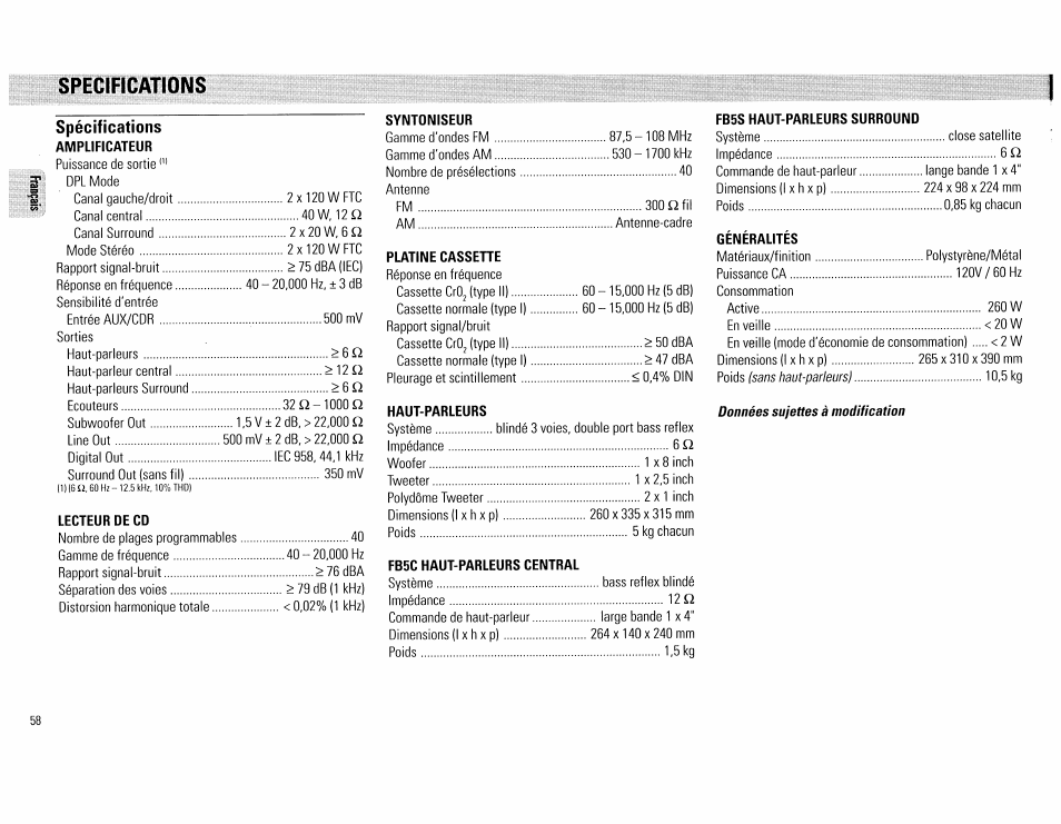 Specifications, Spécifications | Philips FW890P37 User Manual | Page 58 / 88