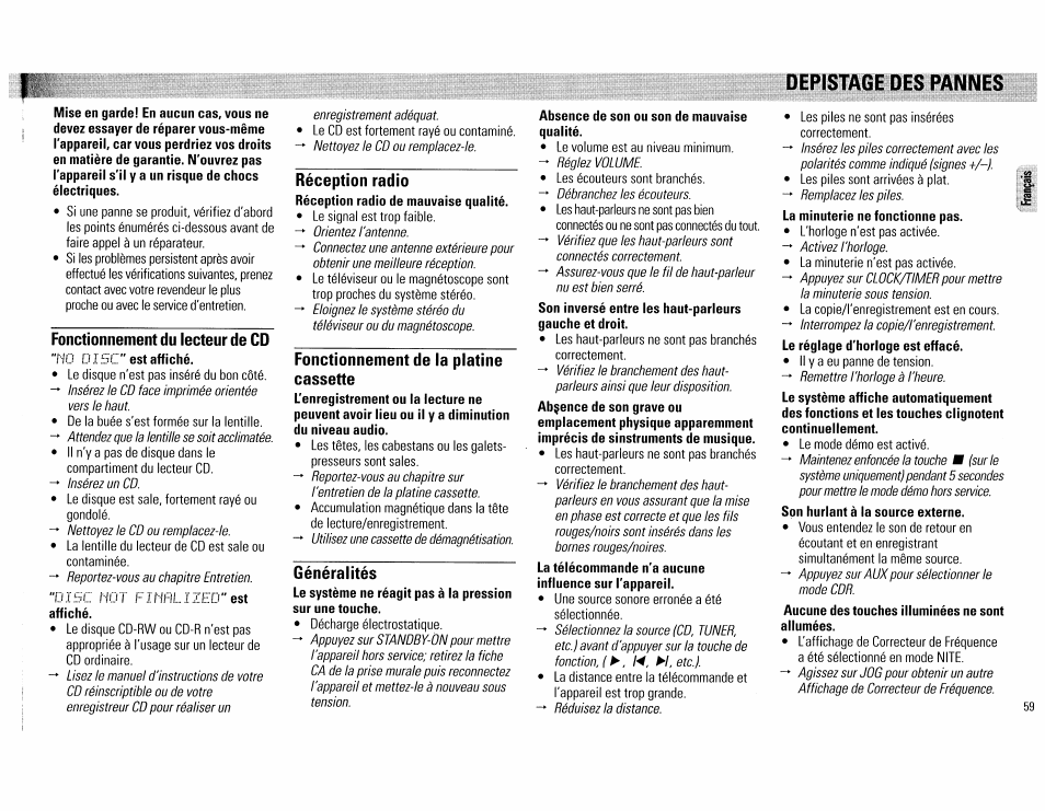 Depistage des pannes, Fonctionnement du lecteur de cd, Réception radio | Fonctionnement de la platine cassette, Généralités, Absence de son ou son de mauvaise qualité, Dépistage des pannes | Philips FW890P37 User Manual | Page 59 / 88