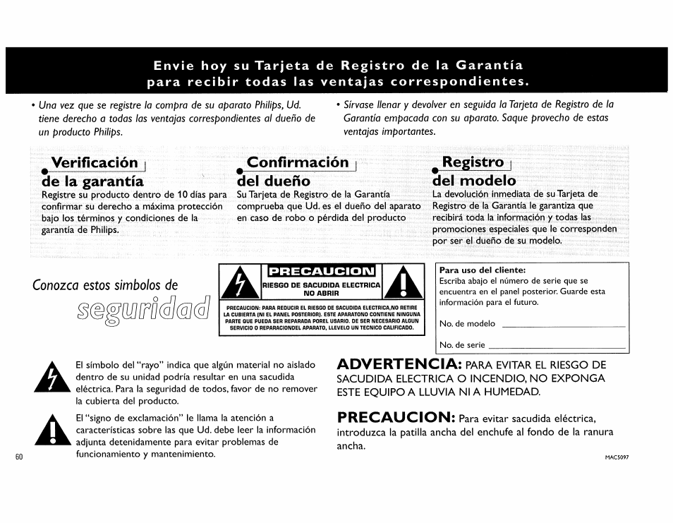 Verificación i, De la garantía, Confirmación | del dueño | Registro i del modelo, Advertencia, Precaucion | Philips FW890P37 User Manual | Page 60 / 88