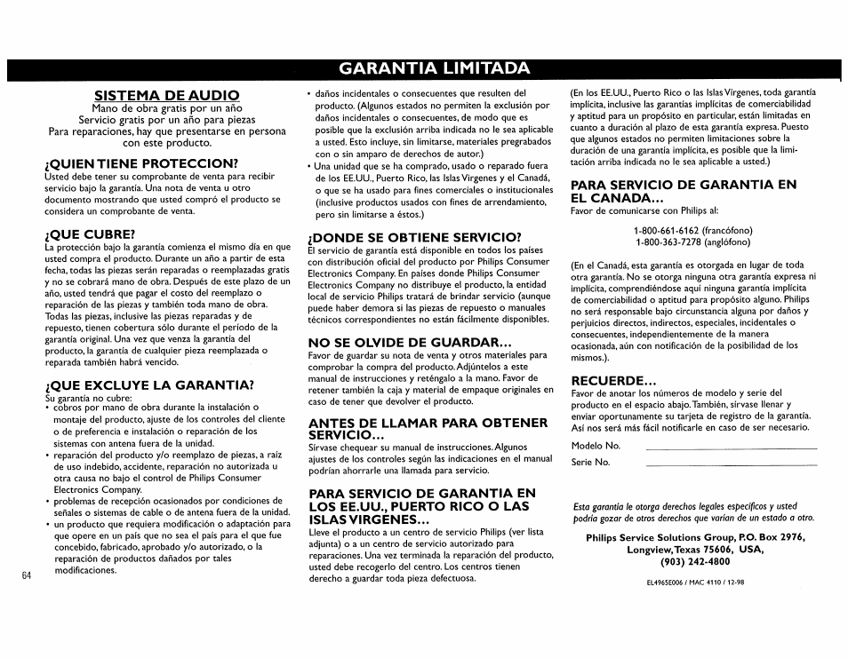 Sistema de audio, Garantia limitada | Philips FW890P37 User Manual | Page 64 / 88