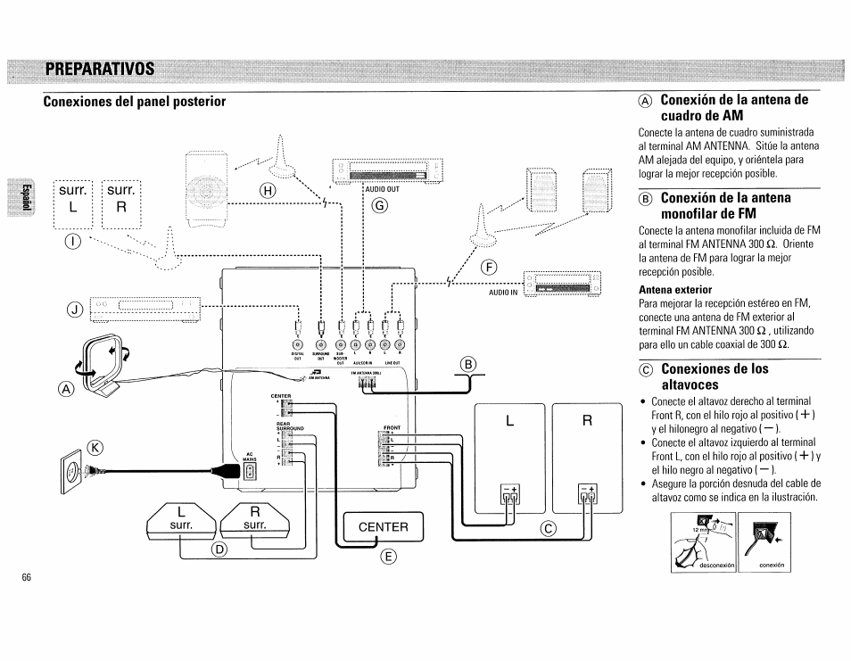 Conexión de la antena de cuadro de am, B) conexión de la antena monofilar de fm, Conexiones de los altavoces | Preparativos | Philips FW890P37 User Manual | Page 66 / 88
