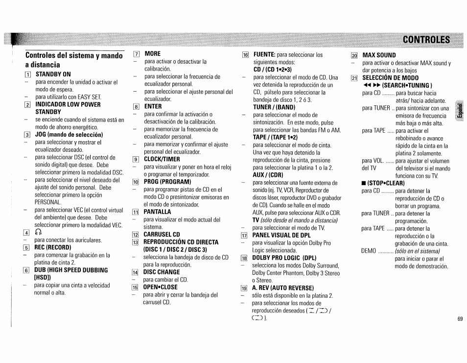 Controles del sistema y mando a distancia, T] standby on, 2] indicador low power | Standby, 5] rec (record), U dub (high speed dubbing [hsd]), Clockytimer, D prog (program), 0 pantalla, D carrusel cd | Philips FW890P37 User Manual | Page 69 / 88