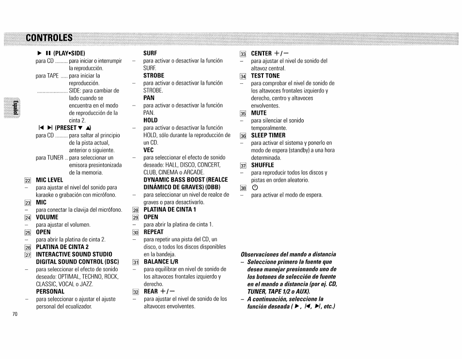 Il (play«side), W (preset t a), Mic level | M volume, M platina de cinta 2, Personal, Surf, Strobe, Hold, Platina de cinta 1 open | Philips FW890P37 User Manual | Page 70 / 88