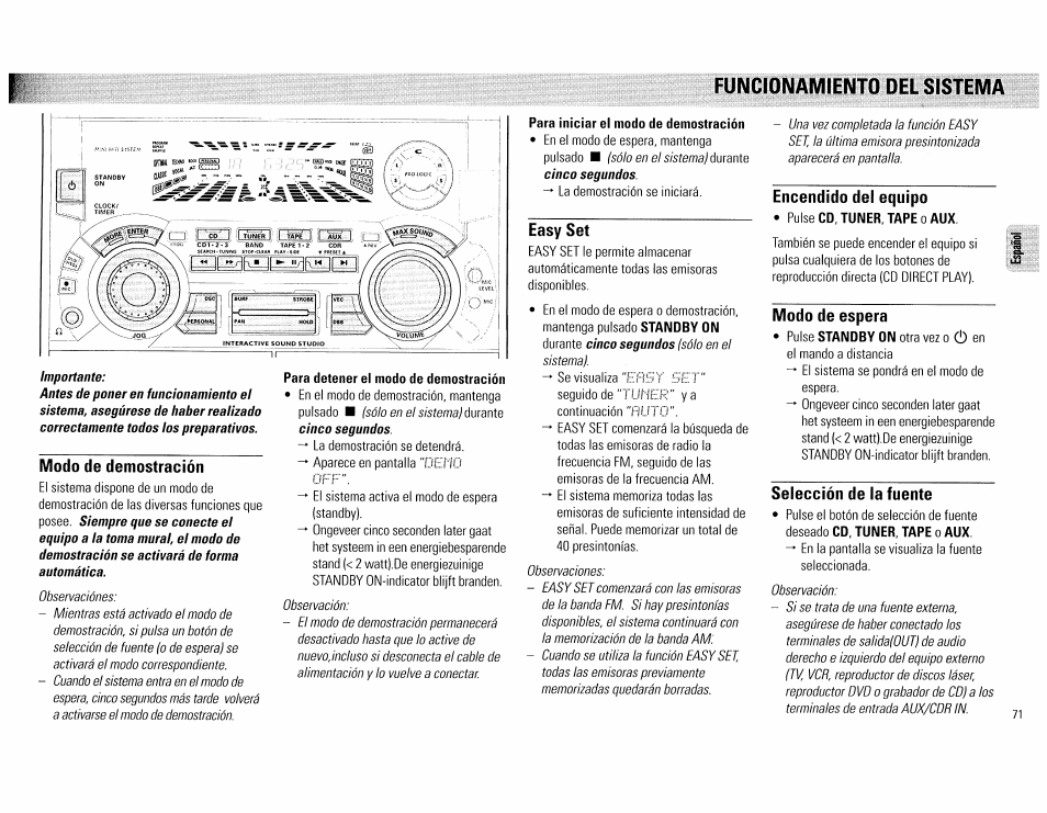 Modo de demostración, Para detener el modo de demostración, Para iniciar el modo de demostración | Easy set, Encendido del equipo, Modo de espera, Selección de la fuente, Cinco segundos, Funcionamiento del sistema | Philips FW890P37 User Manual | Page 71 / 88