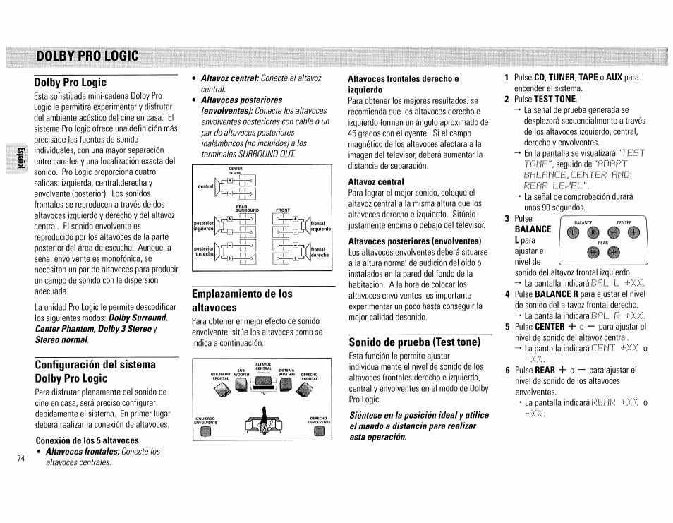 Dolby pro logic, Altavoces frontales derecho e izquierdo, Altavoz central | Balance, Dolby pro logic -75 | Philips FW890P37 User Manual | Page 74 / 88