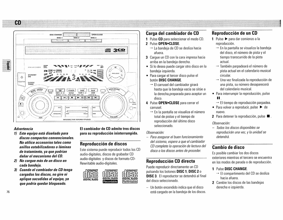 2 pulse open'close, 1 pulse disc change, Cd -78 | Dg(@ idge | Philips FW890P37 User Manual | Page 76 / 88