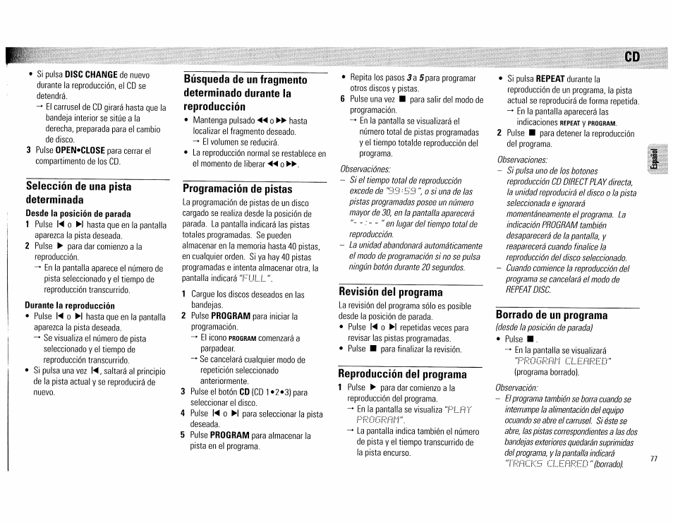 Selección de una pista determinada, Programación de pistas, Revisión del programa | Reproducción del programa, Borrado de un programa, Cd -22, T. l.i | Philips FW890P37 User Manual | Page 77 / 88