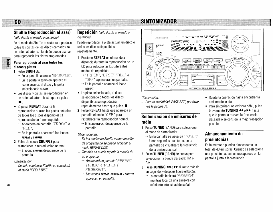 Sintonizador, Shuffie (reproducción al azar), Sintonización de emisoras de radio | Almacenamiento de presintonías, Sintonizador - 79, Cd sintonizador | Philips FW890P37 User Manual | Page 78 / 88