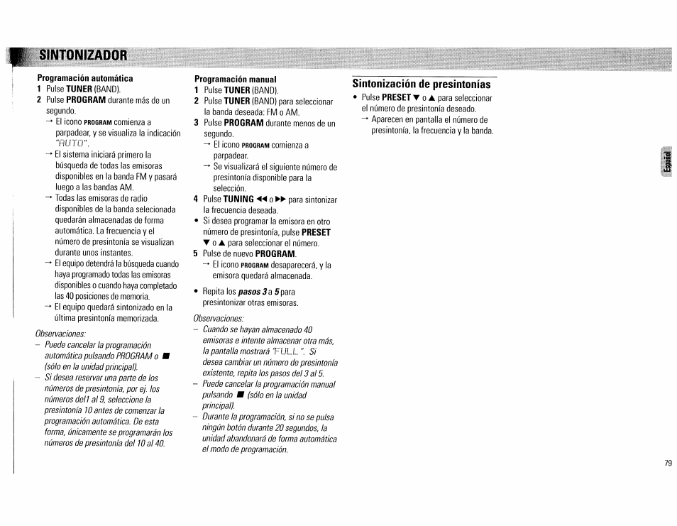 Programación automática, Programación manual, Sintonización de presintonías | Sintonizador | Philips FW890P37 User Manual | Page 79 / 88