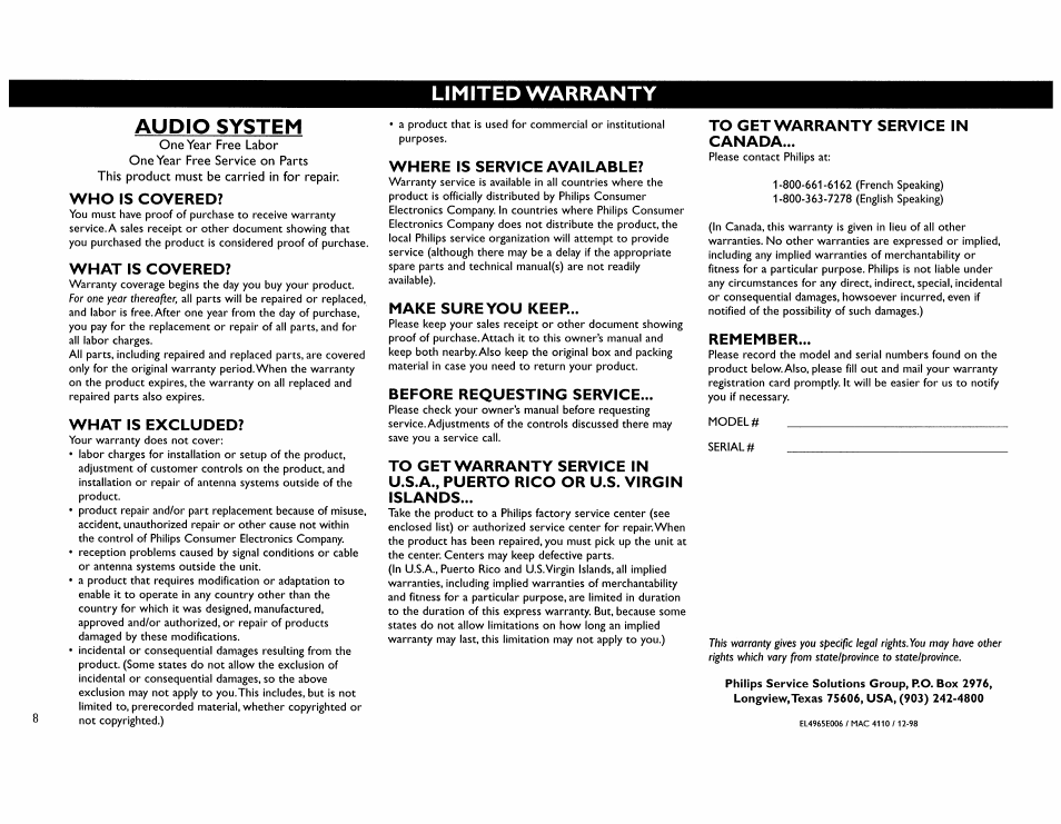 Limited warranty audio system | Philips FW890P37 User Manual | Page 8 / 88