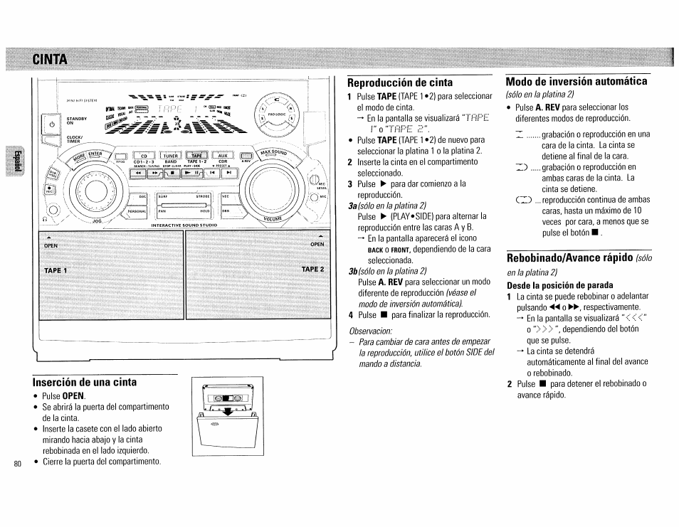Cinta, Inserción de una cinta, Reproducción de cinta | Modo de inversión automática, Rebobinado/avance rápido (sólo, Г'о'тнре, Rebobinado/avance rápido | Philips FW890P37 User Manual | Page 80 / 88