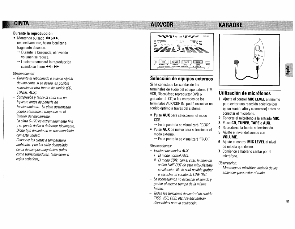 Selección de equipos externos, Utilización de micrófonos, Cinta aux/cdr karaoke | Philips FW890P37 User Manual | Page 81 / 88