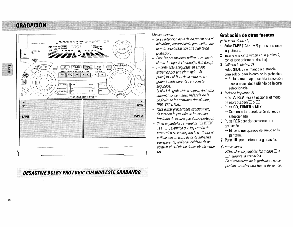 Grabación, Grabación de otras fuentes | Philips FW890P37 User Manual | Page 82 / 88