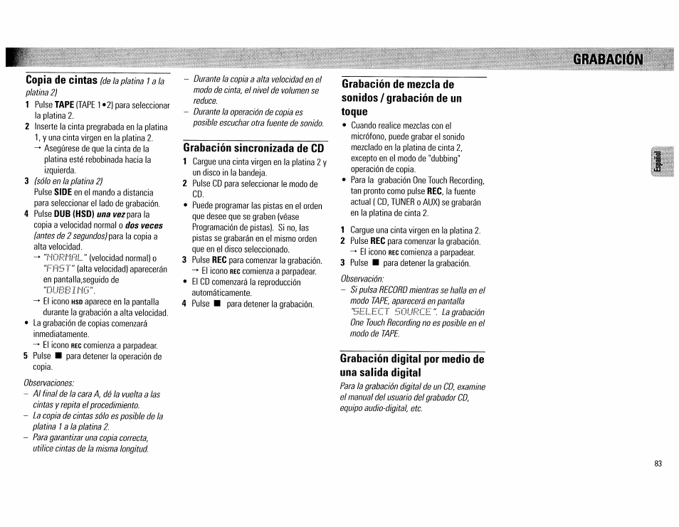 Grabación, Grabación sincronizada de cd, Grabación digital por medio de una salida digital | Philips FW890P37 User Manual | Page 83 / 88