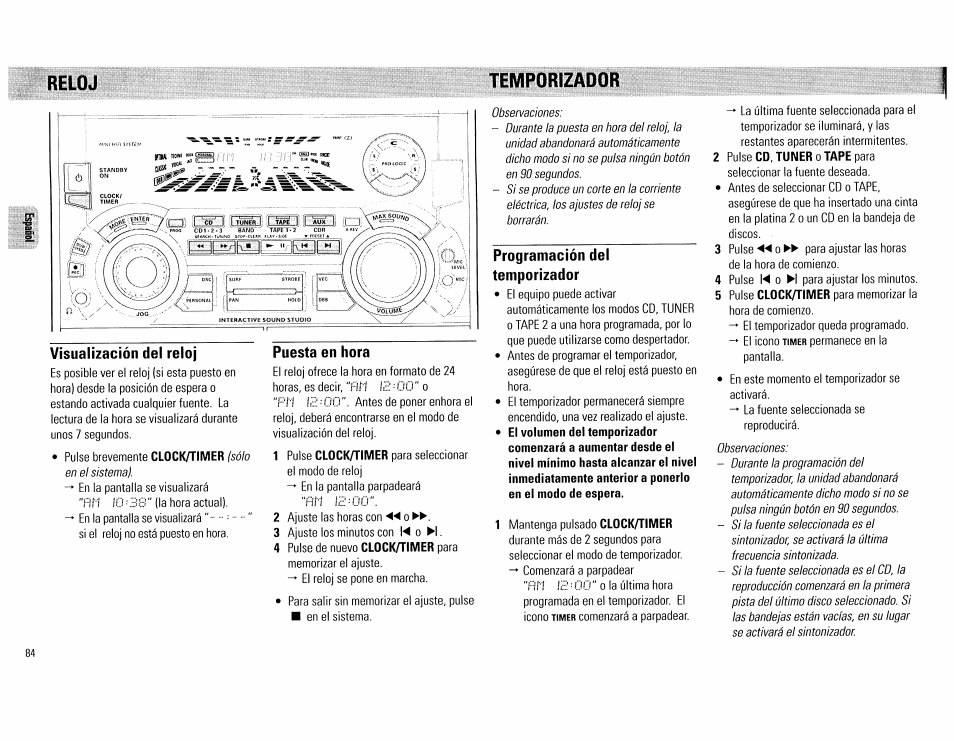 Visualizacíón del reloj, Puesta en hora, Programación del temporizador | Reloj, Temporizador | Philips FW890P37 User Manual | Page 84 / 88