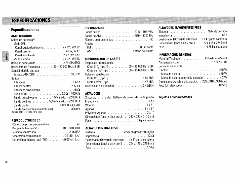 Especificaciones | Philips FW890P37 User Manual | Page 86 / 88