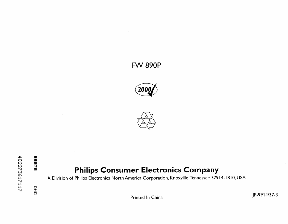 Fw 890p, Philips consumer electronics company | Philips FW890P37 User Manual | Page 88 / 88