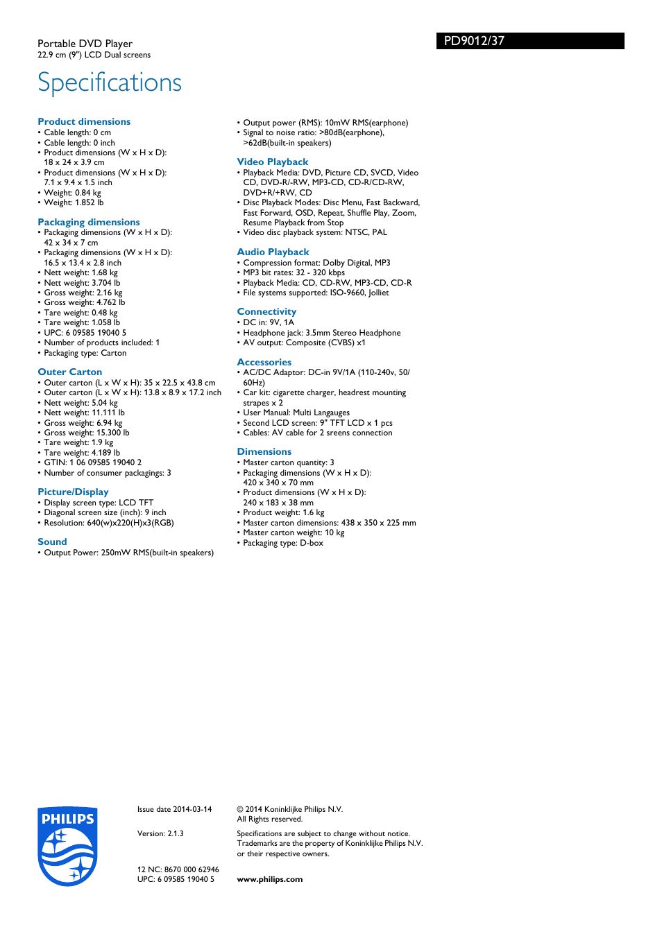 Specifications | Philips PD9012-37 User Manual | Page 3 / 3