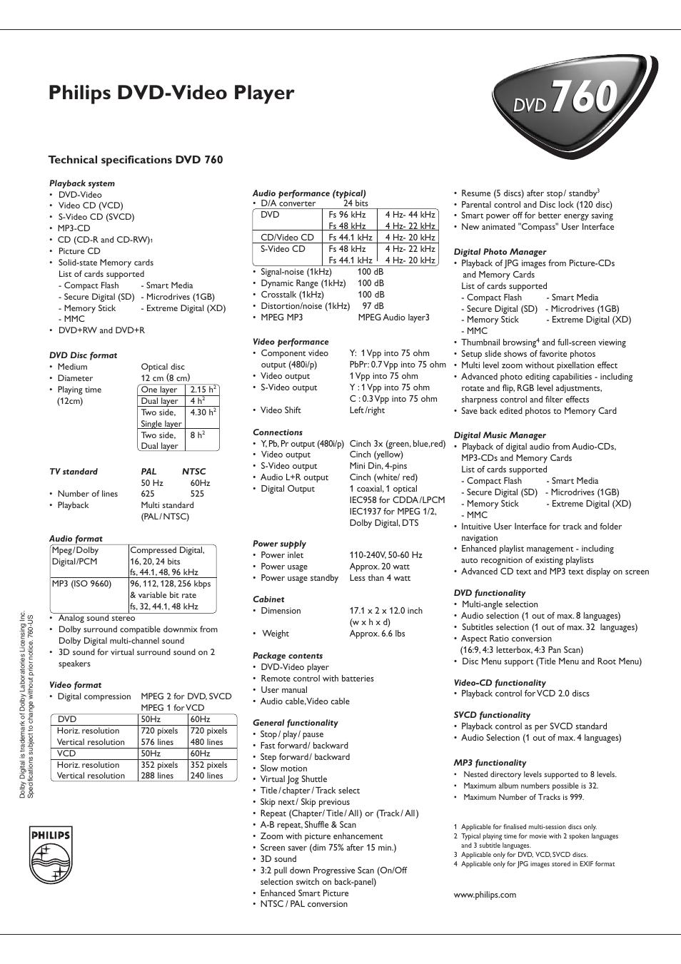 Philips dvd-video player, Technical specifications dvd 760 | Philips DVD760AT-17 User Manual | Page 2 / 2