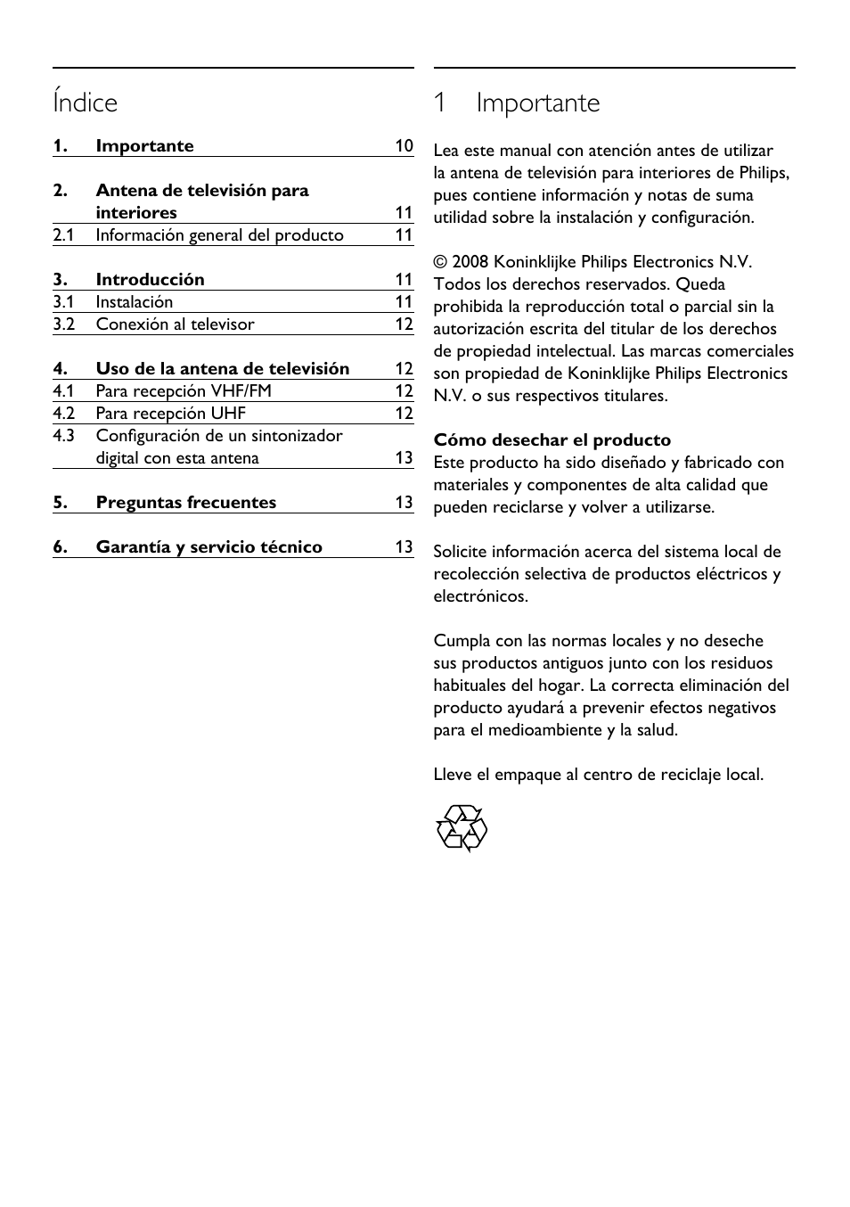 Índice, 1 importante | Philips SDV2710-27 User Manual | Page 10 / 16