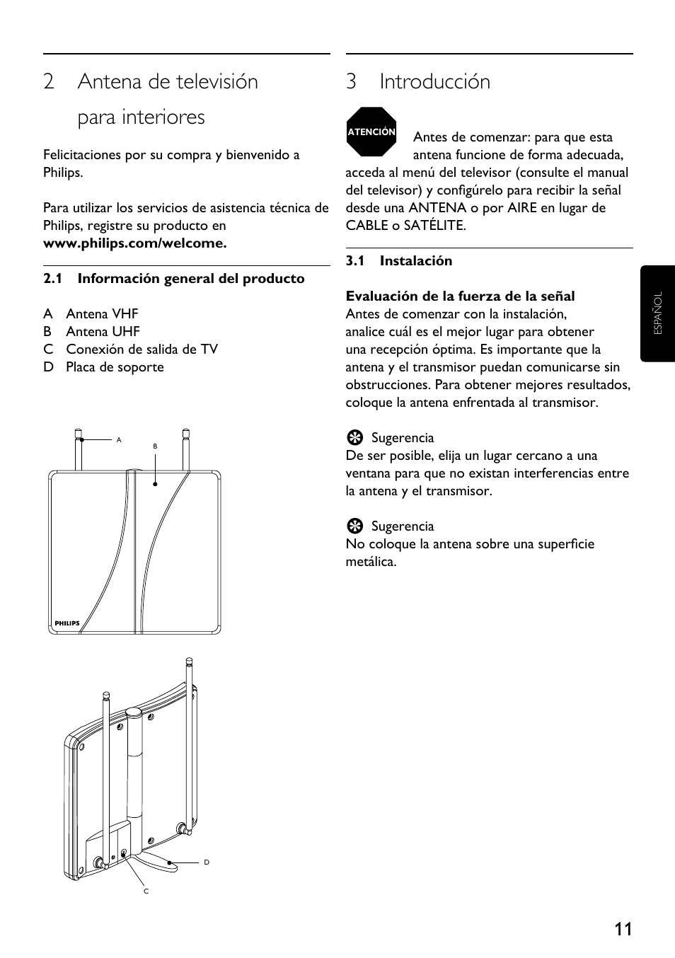 2 antena de televisión para interiores, 3 introducción | Philips SDV2710-27 User Manual | Page 11 / 16