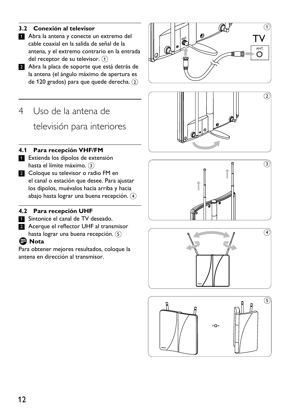 4 uso de la antena de televisión para interiores | Philips SDV2710-27 User Manual | Page 12 / 16