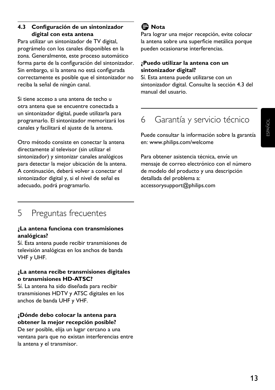 5 preguntas frecuentes, 6 garantía y servicio técnico | Philips SDV2710-27 User Manual | Page 13 / 16