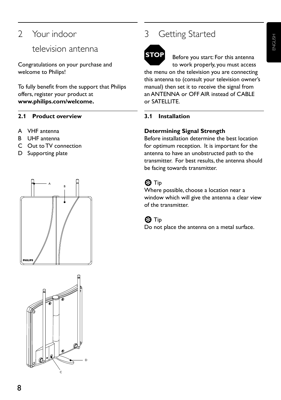 2 your indoor television antenna, 3 getting started | Philips SDV2710-27 User Manual | Page 3 / 16