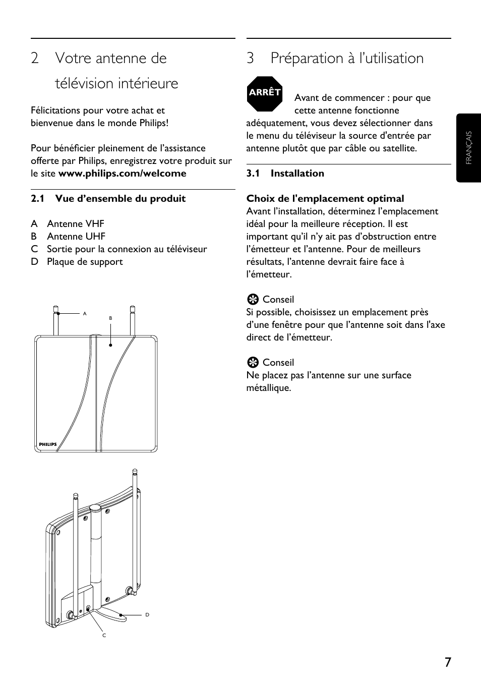 2 votre antenne de télévision intérieure, 3 préparation à l’utilisation | Philips SDV2710-27 User Manual | Page 7 / 16