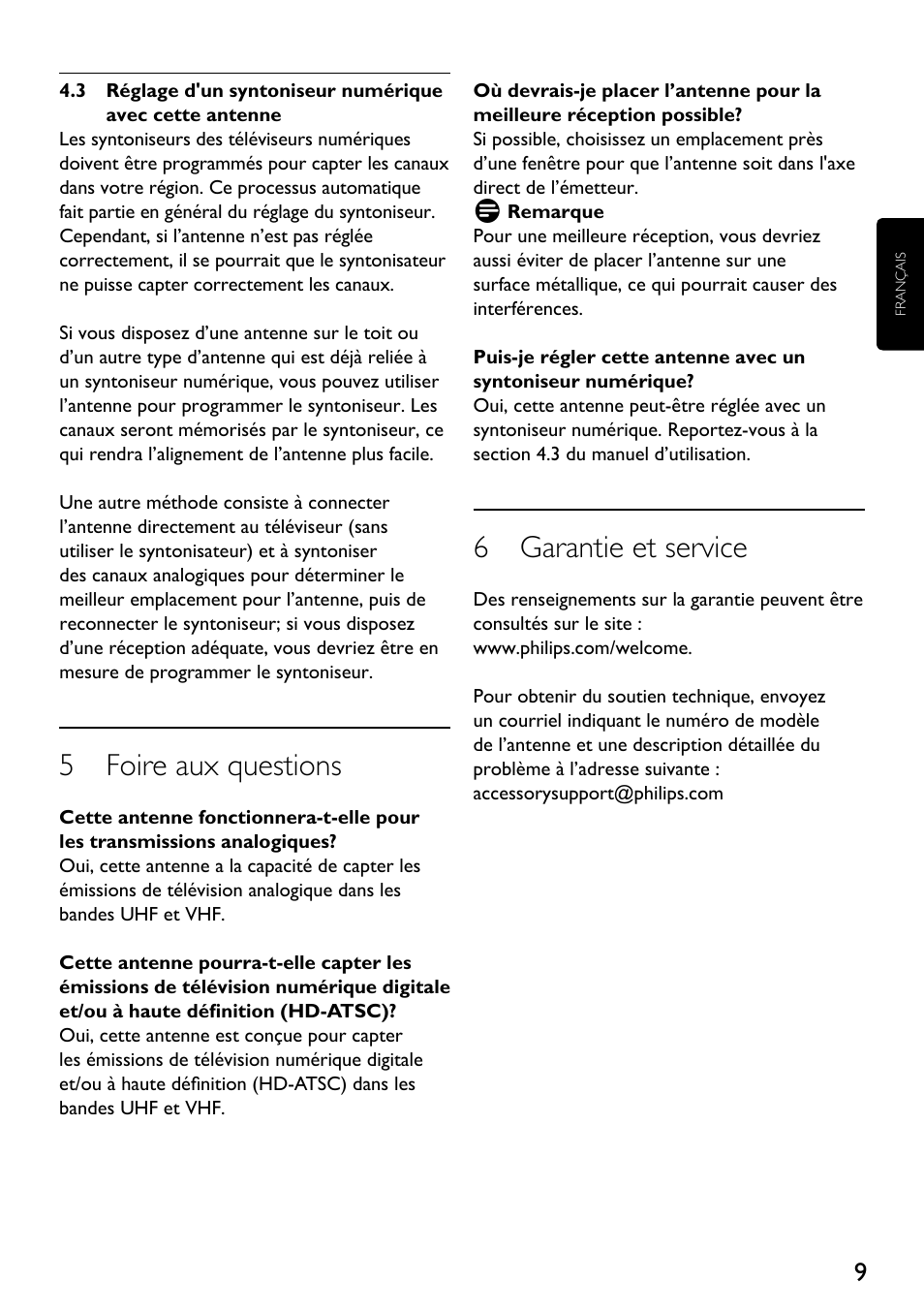 5 foire aux questions, 6 garantie et service | Philips SDV2710-27 User Manual | Page 9 / 16