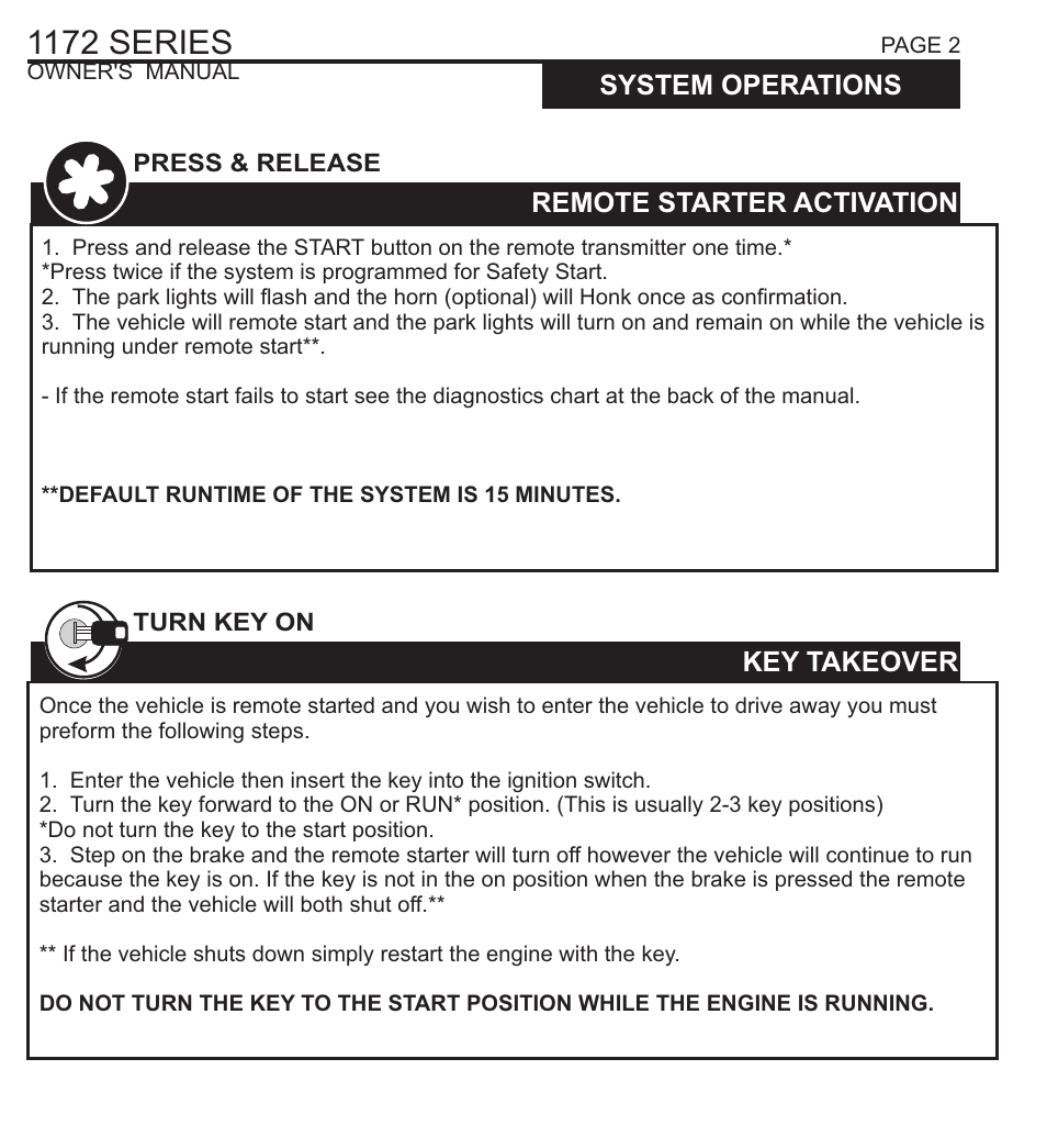 1172 series, System operations, Remote starter activation | Key takeover, Remote starter shut down, Engine idle mode, Extended runtime | Ultra Start 1172 SERIES User Manual | Page 2 / 8