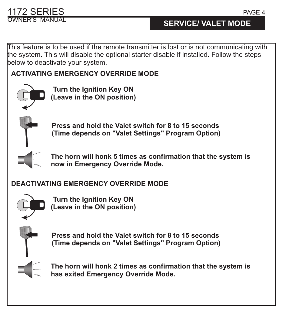 1172 series, Service/ valet mode, Remote programming | Ultra Start 1172 SERIES User Manual | Page 4 / 8