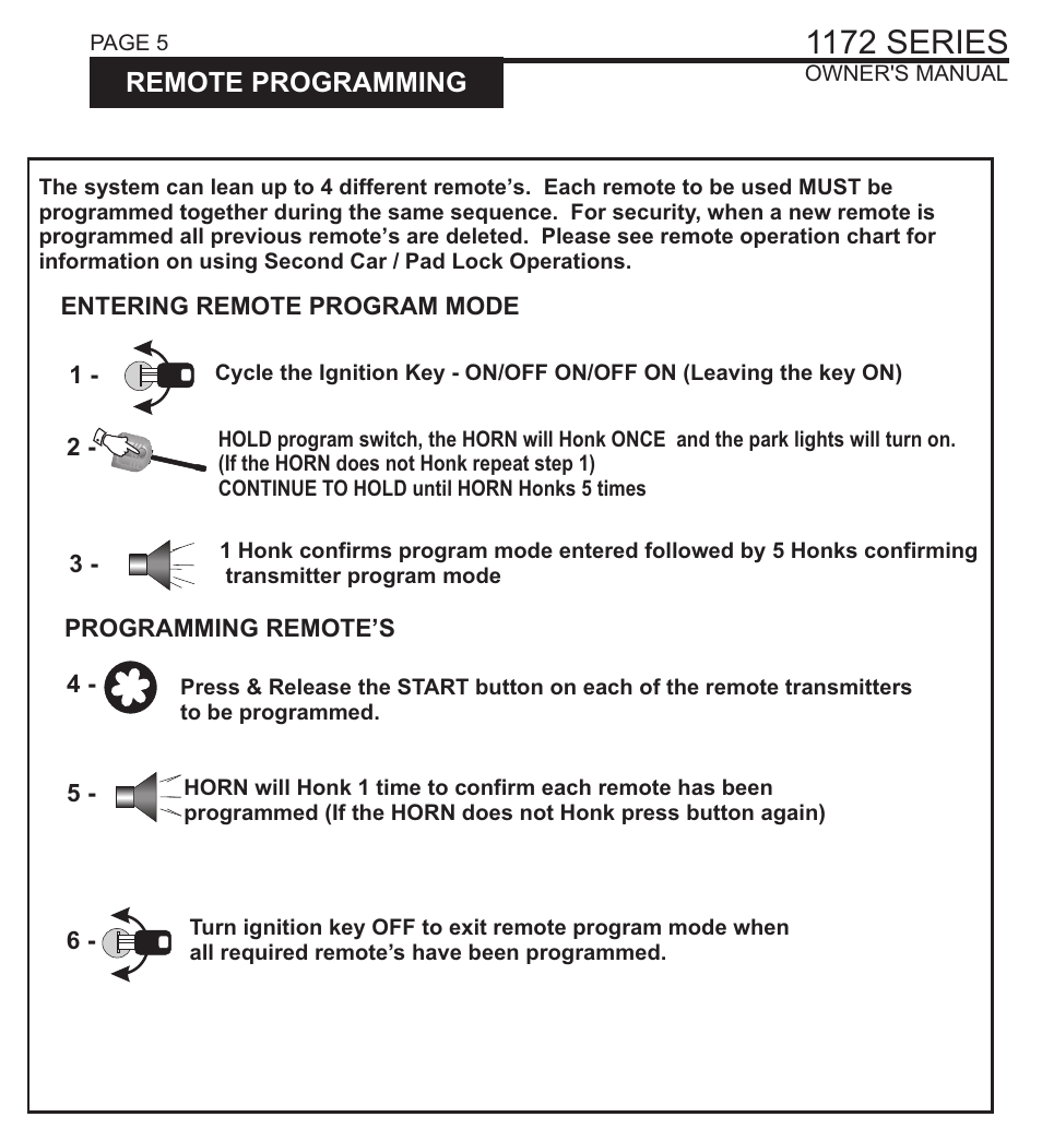 1172 series, Service/ valet mode, Remote programming | Ultra Start 1172 SERIES User Manual | Page 5 / 8