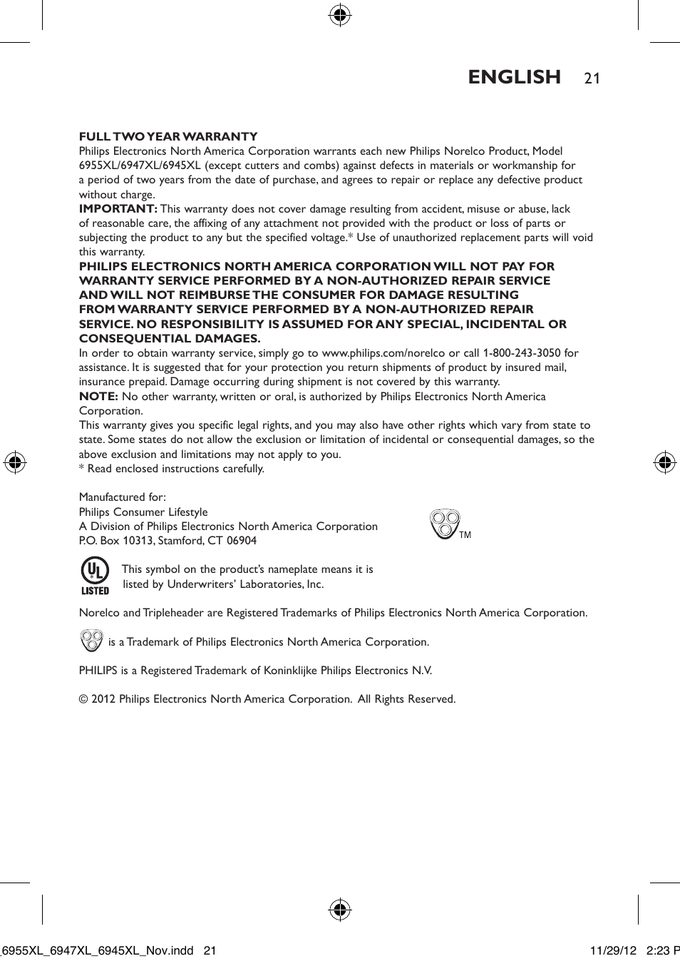 English | Philips 6947XL-41 User Manual | Page 21 / 40