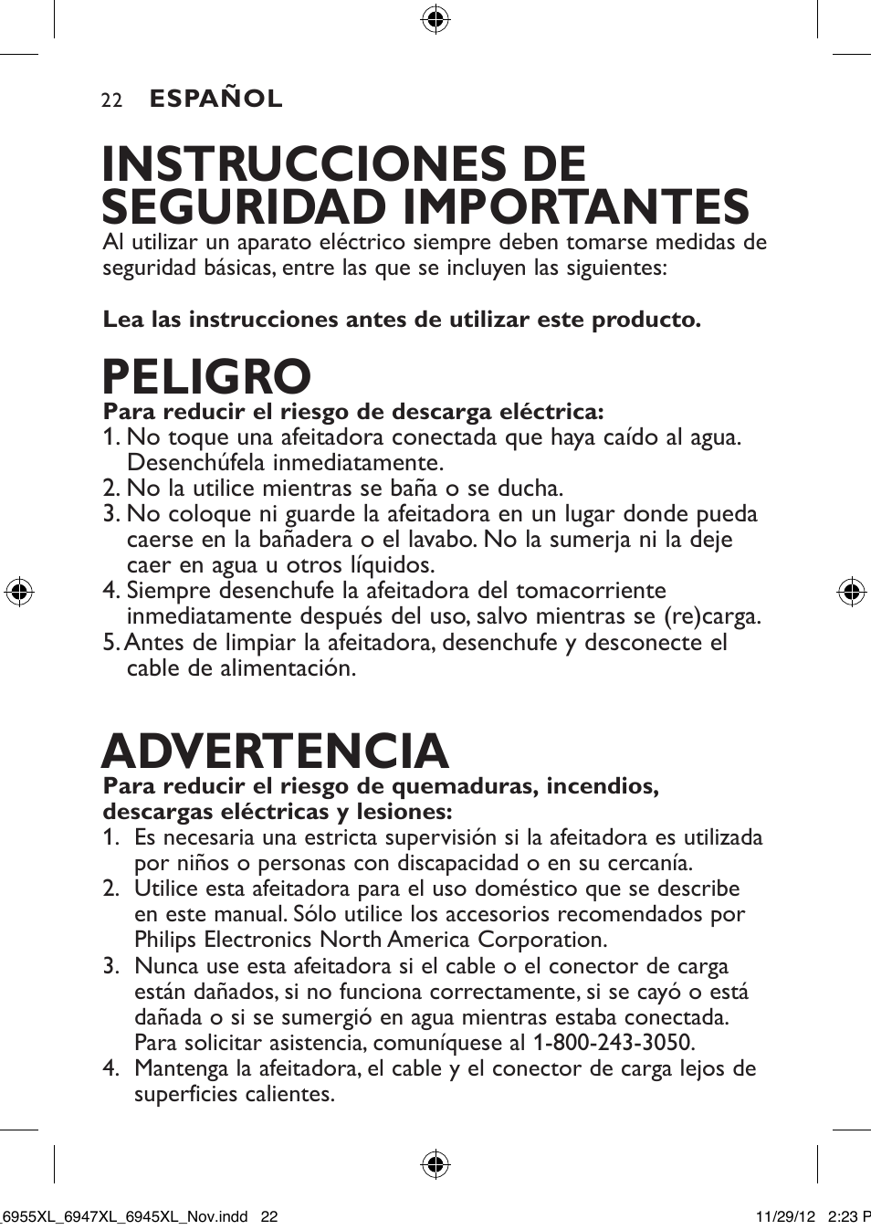 Instrucciones de seguridad importantes, Peligro, Advertencia | Philips 6947XL-41 User Manual | Page 22 / 40