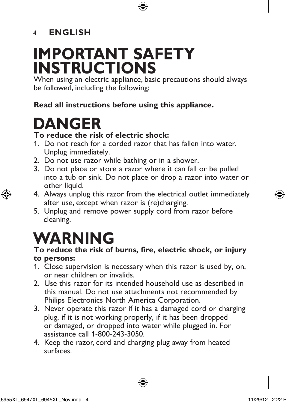 Important safety instructions, Danger, Warning | Philips 6947XL-41 User Manual | Page 4 / 40