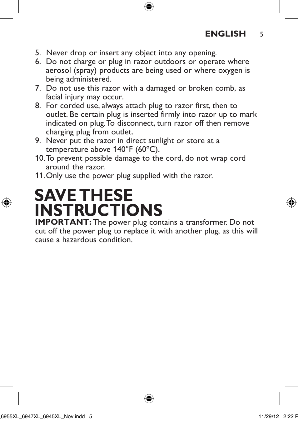 Save these instructions | Philips 6947XL-41 User Manual | Page 5 / 40