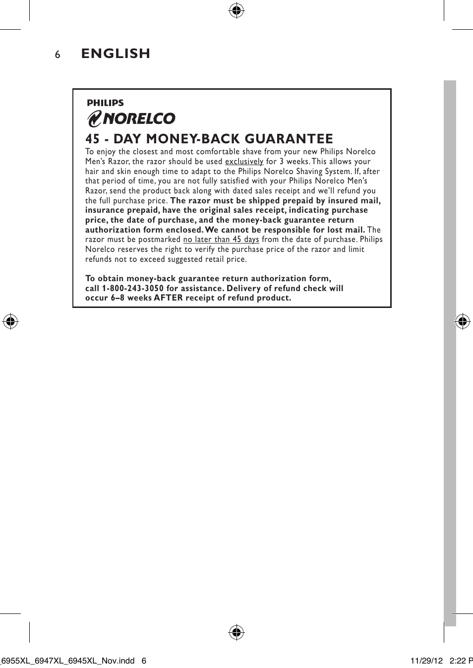 English 45 - day money-back guarantee | Philips 6947XL-41 User Manual | Page 6 / 40