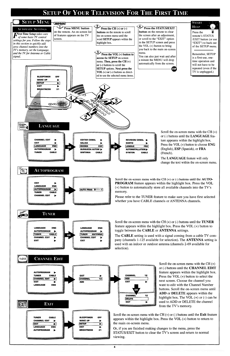 Exit, Etup, Elevision | Irst | Philips PR1303C User Manual | Page 4 / 8