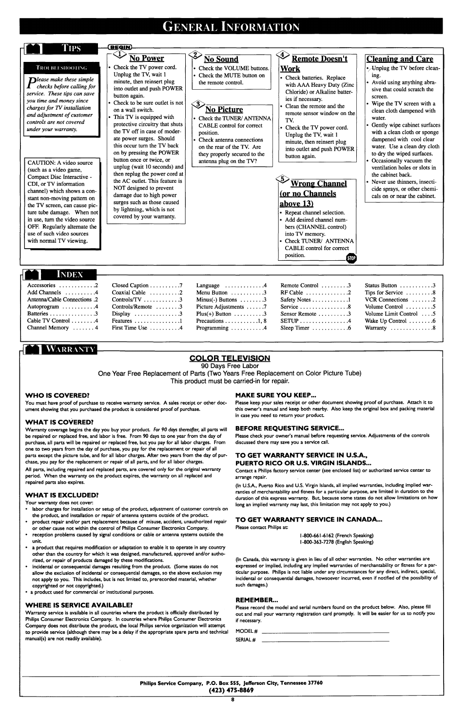 General information, I lb£q!£i, No power | No sound, No picture, Remote doesn't work, Wrong channel, Or no channels, Above 13, Cleaning and care | Philips PR1303C User Manual | Page 8 / 8