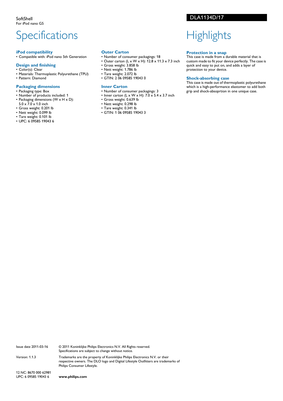 Specifications, Highlights | Philips DLA1134D-17 User Manual | Page 2 / 2