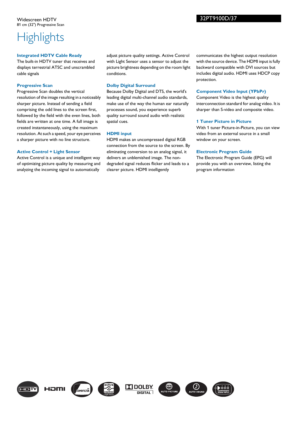 Highlights | Philips 32PT9100D-37B User Manual | Page 2 / 3