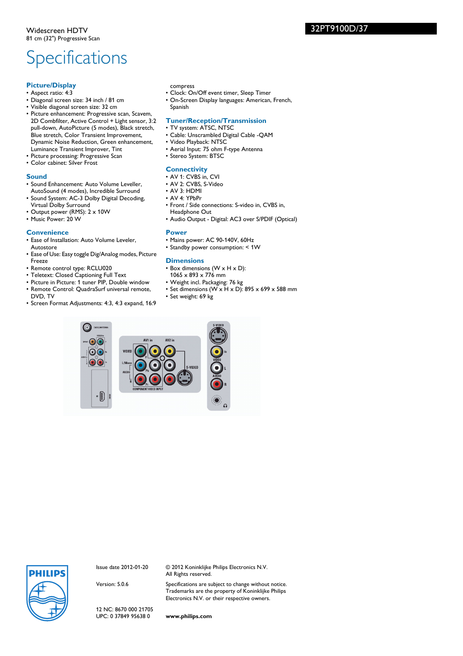 Specifications | Philips 32PT9100D-37B User Manual | Page 3 / 3
