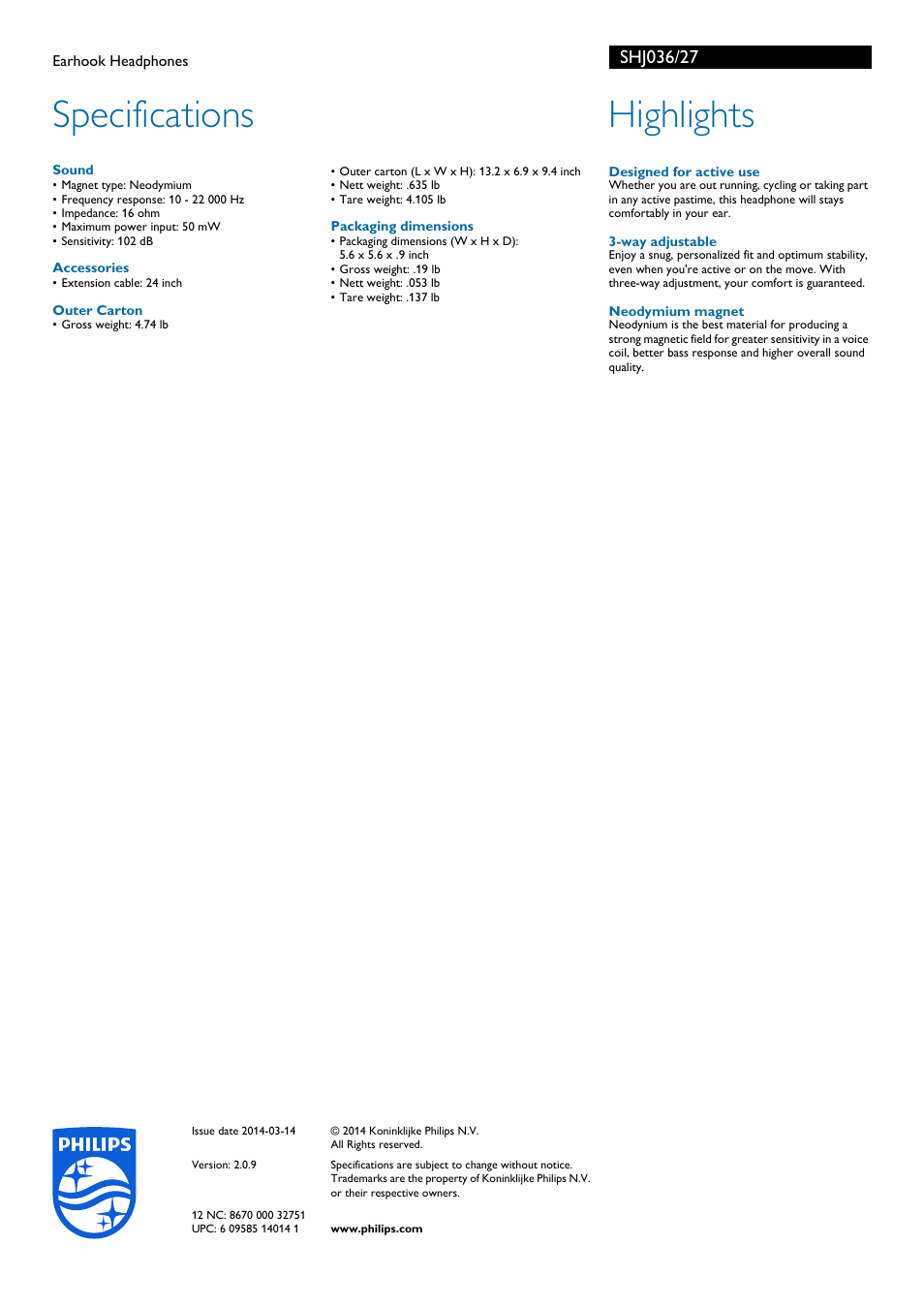 Specifications, Highlights | Philips SHJ036-27 User Manual | Page 2 / 2