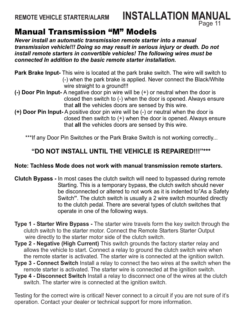 Installation manual, Manual transmission “m” models | Ultra Start 25XX Series User Manual | Page 11 / 24