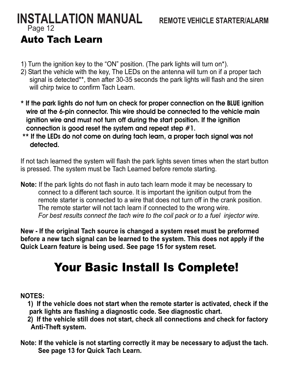 Installation manual, Your basic install is complete, Auto tach learn | Ultra Start 25XX Series User Manual | Page 12 / 24