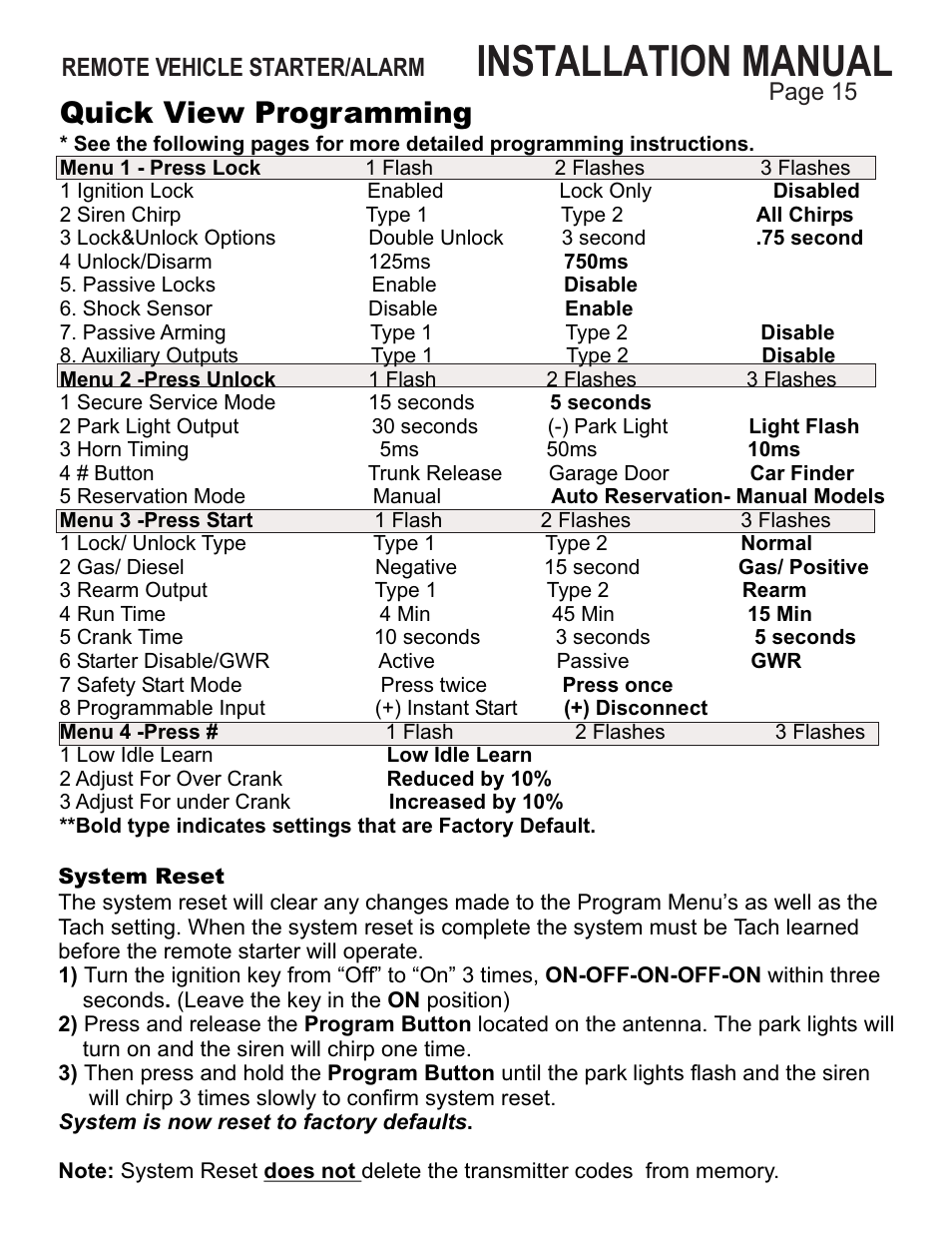 Installation manual, Quick view programming, Remote vehicle starter/alarm | Ultra Start 25XX Series User Manual | Page 15 / 24