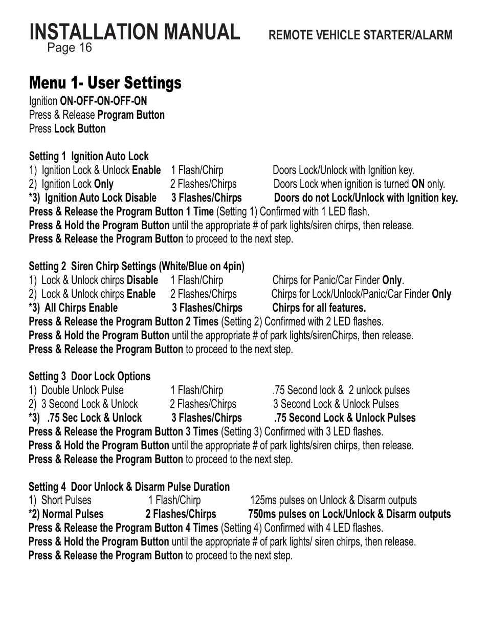 Installation manual, Menu 1- user settings | Ultra Start 25XX Series User Manual | Page 16 / 24