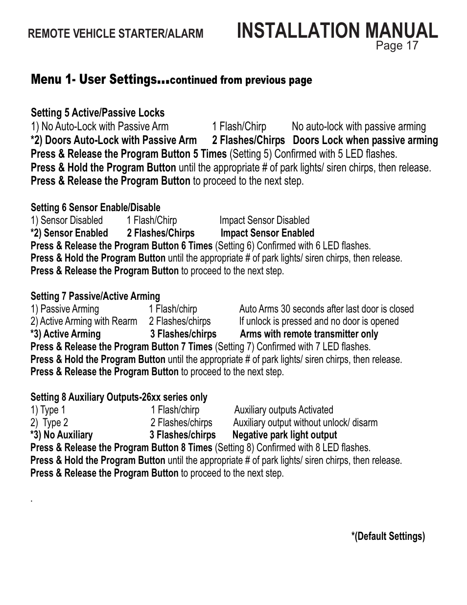 Installation manual, Menu 1- user settings | Ultra Start 25XX Series User Manual | Page 17 / 24